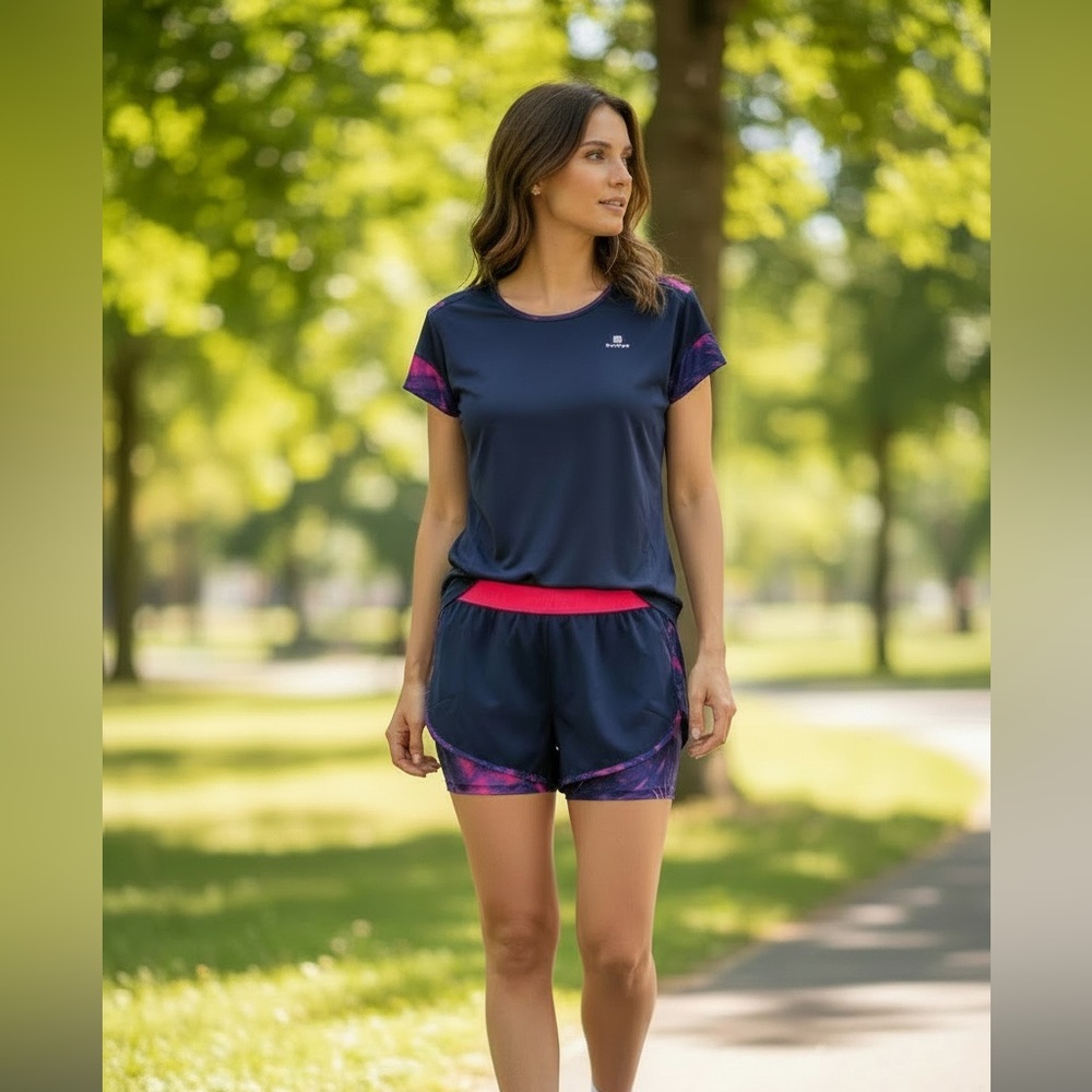 Decathlon Navy Performance Running Top and shorts set with Pink Accents.
